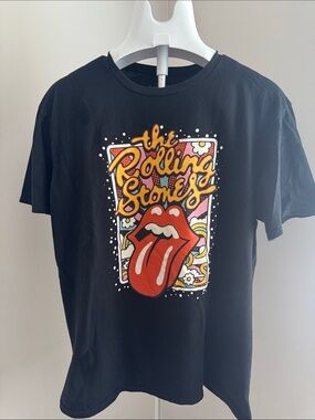 the Rolling Stones Black Kids Graphic Tee with Red Tongue and Yellow Script